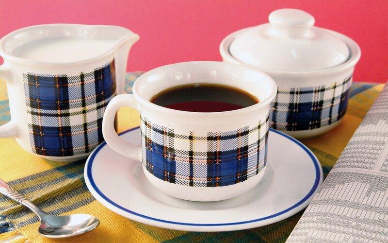 plaid coffee set on table