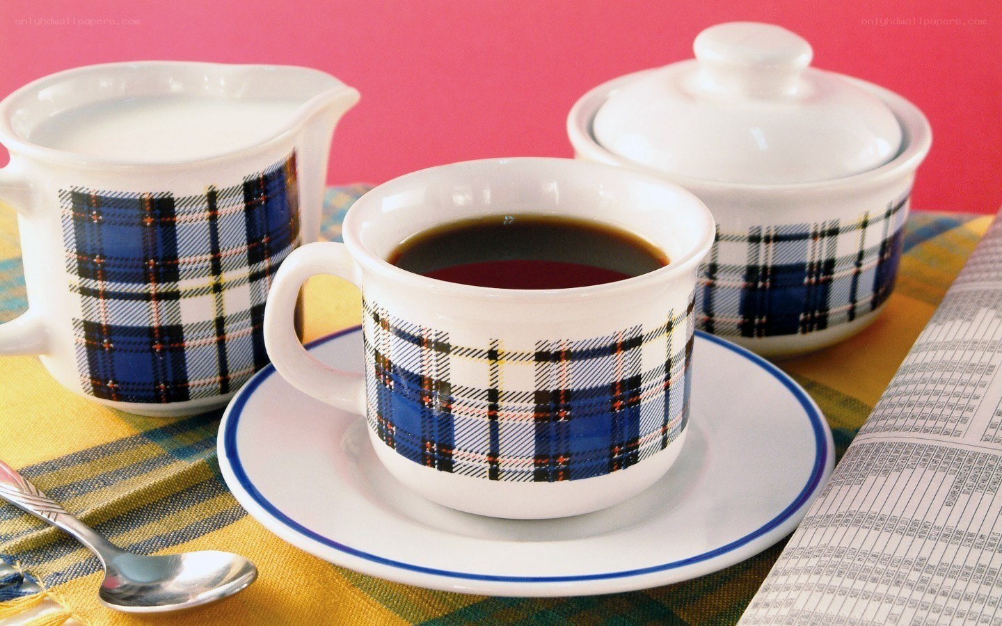 plaid coffee set on table