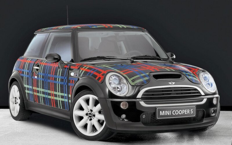 Plaid-patterned Mini Cooper