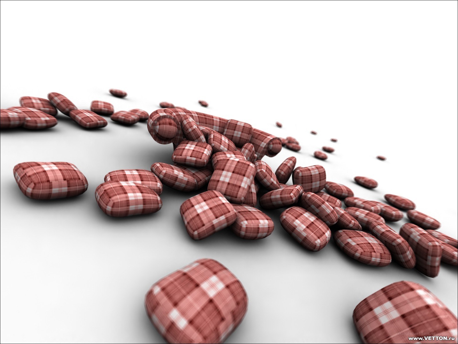 Plaid pillows scattered on white
