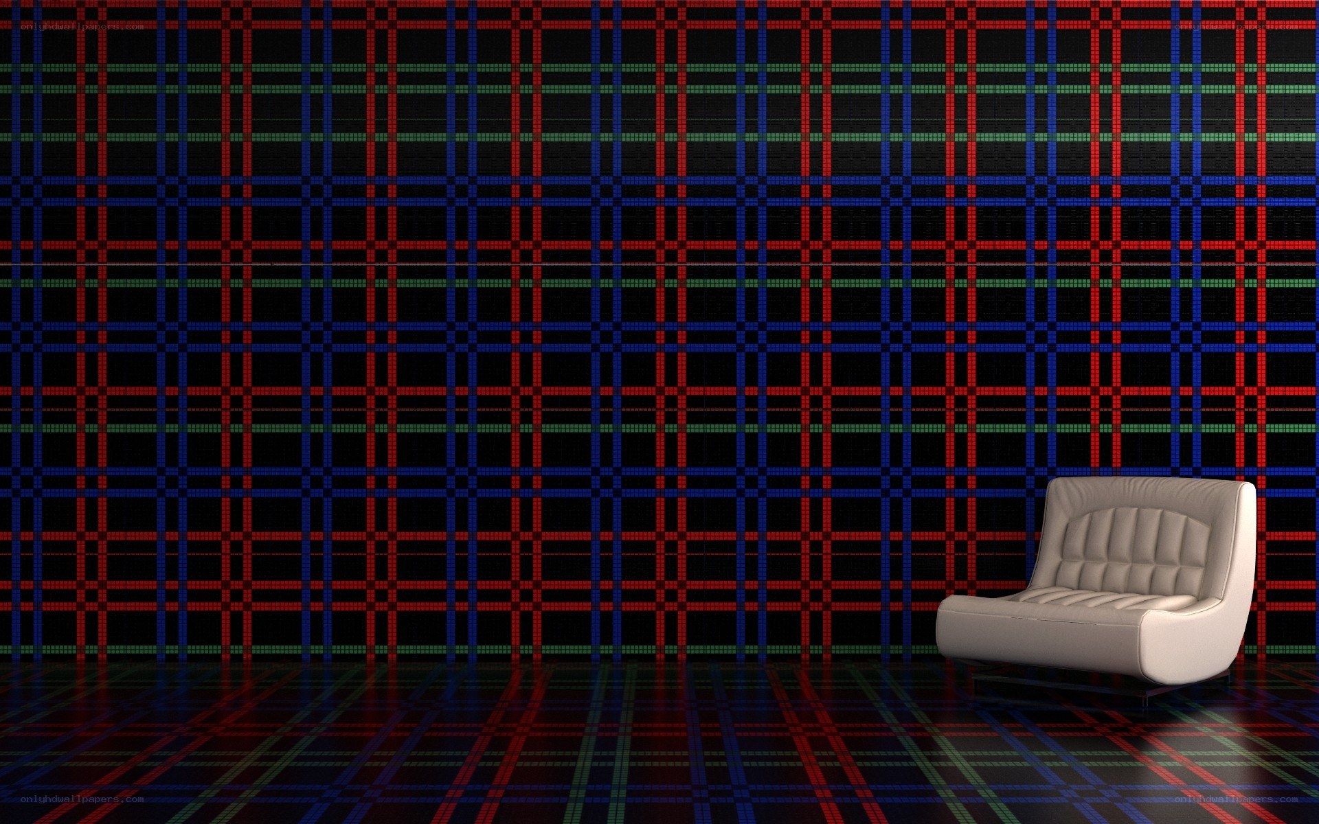 plaid wall with white chair