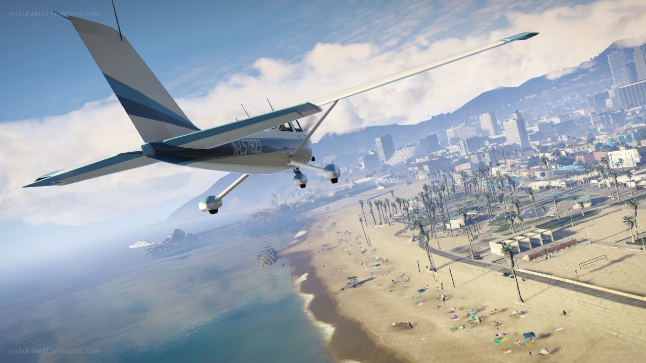 Plane flying over beach city