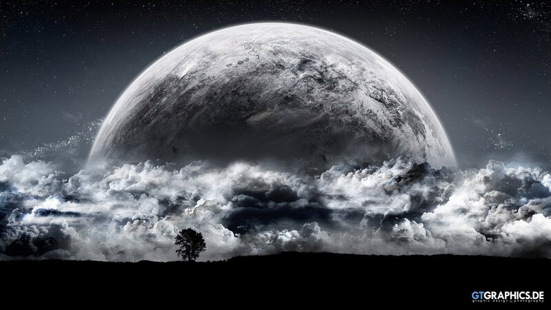 Planet Above Clouds — Black, Dramatic, Night, Digital Art, Tree, Sky
