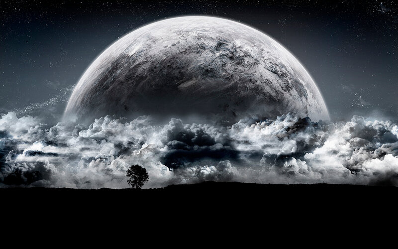 Planet Above Clouds — Black, Dramatic, Night, Digital Art, Tree
