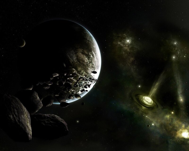 Planet and asteroid field in space