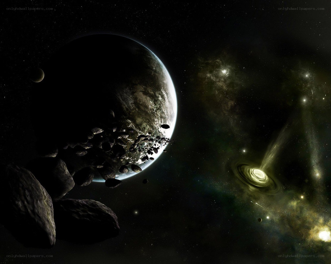 Planet and asteroid field in space