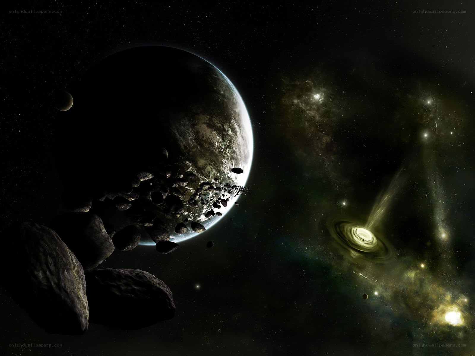 Planet and asteroid field in space
