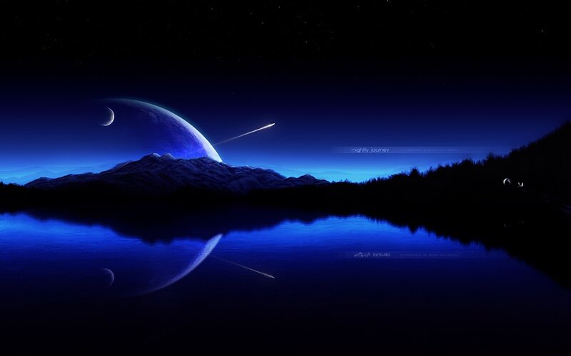 Planet and Meteor over Lake — Blue, Serene, Night