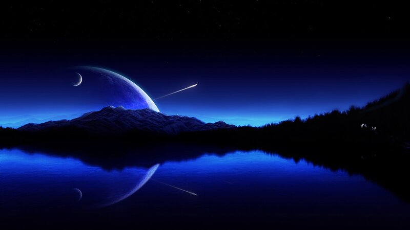 Planet and Meteor over Lake — Blue