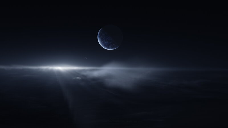 Planet and Moon Above Clouds — Black