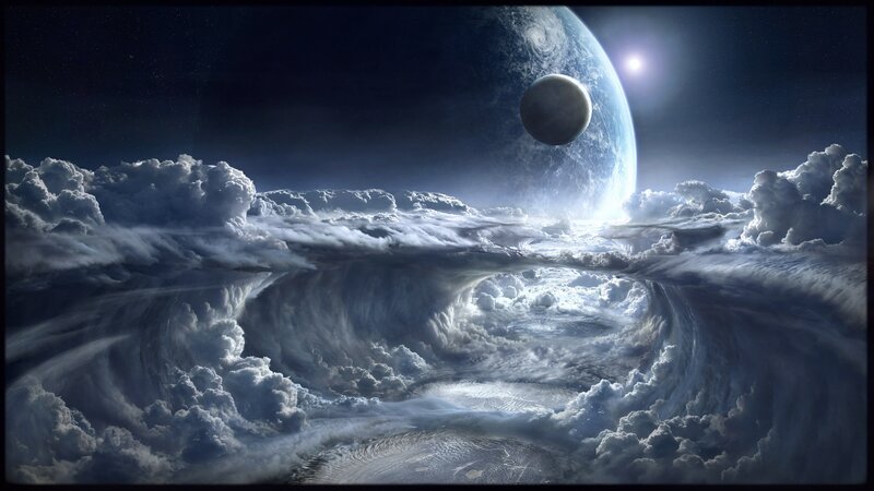 Planet and Moon Above Clouds — Blue, Dramatic