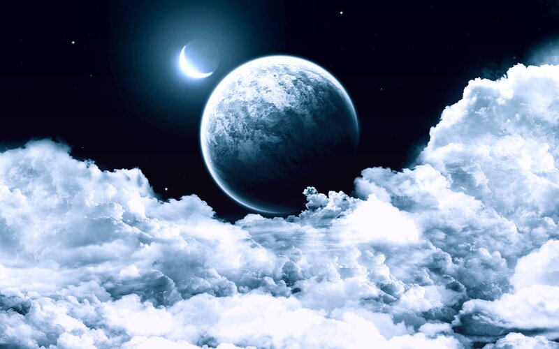 Planet and Moon Above Clouds — Blue