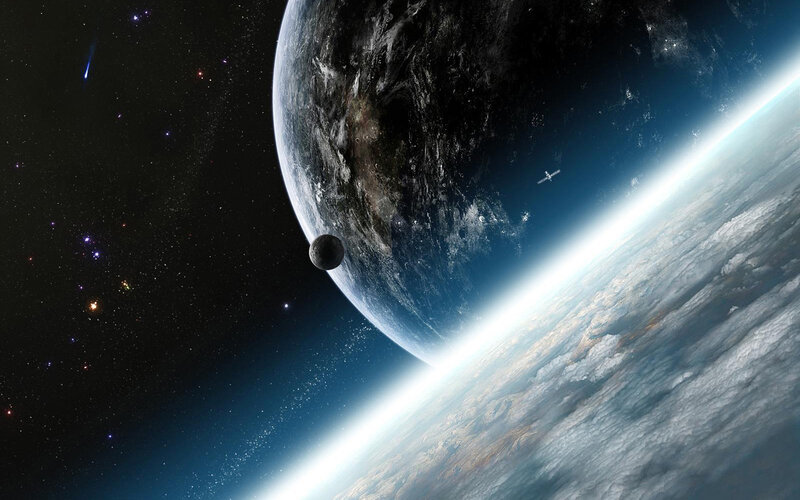 Planet and Moon from Space — Blue, Dramatic, Digital Art, Stars, Satellite