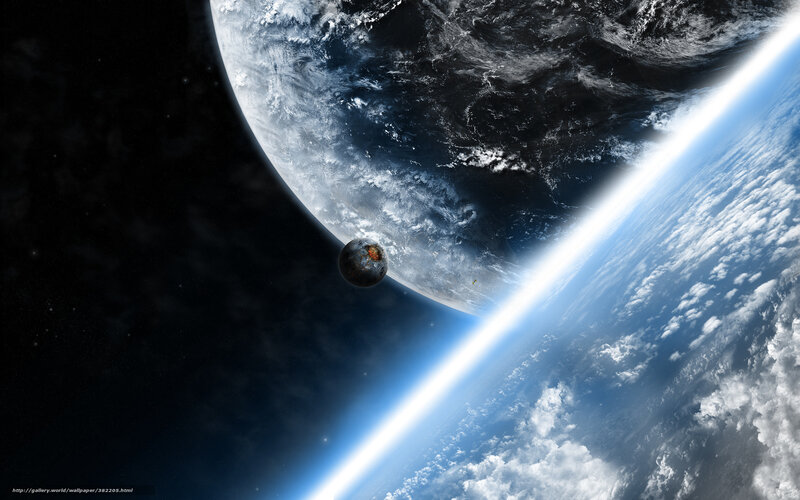 Planet and Moon from Space — Blue, Dramatic, Digital Art