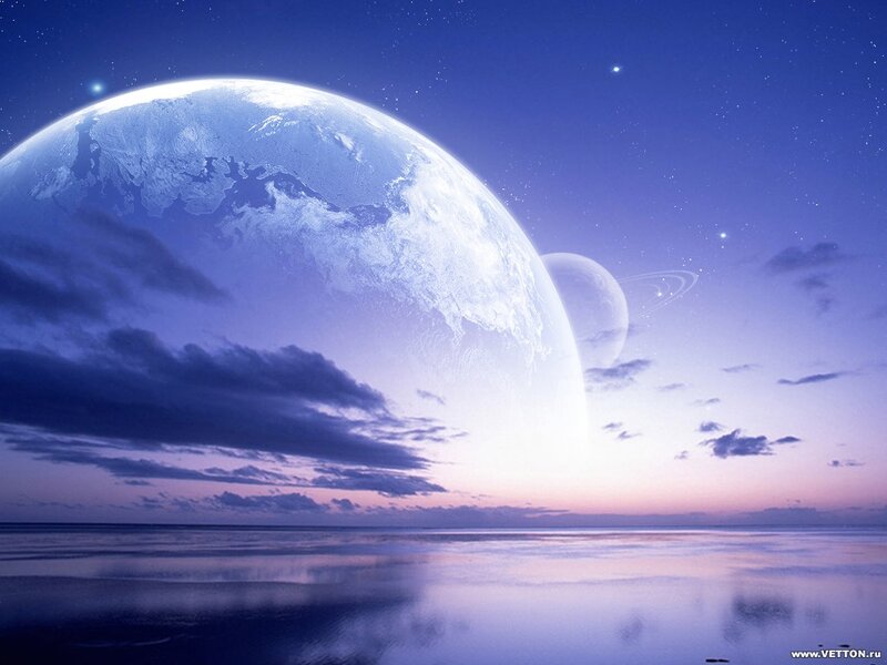 Planet and Moon in Sky — Blue, Serene