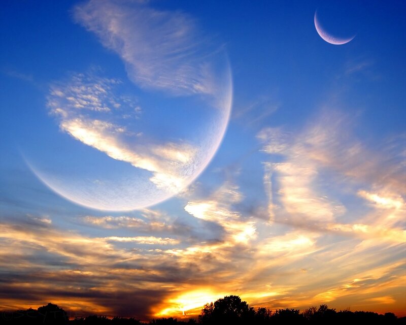 Planet and Moon in Sky — Blue