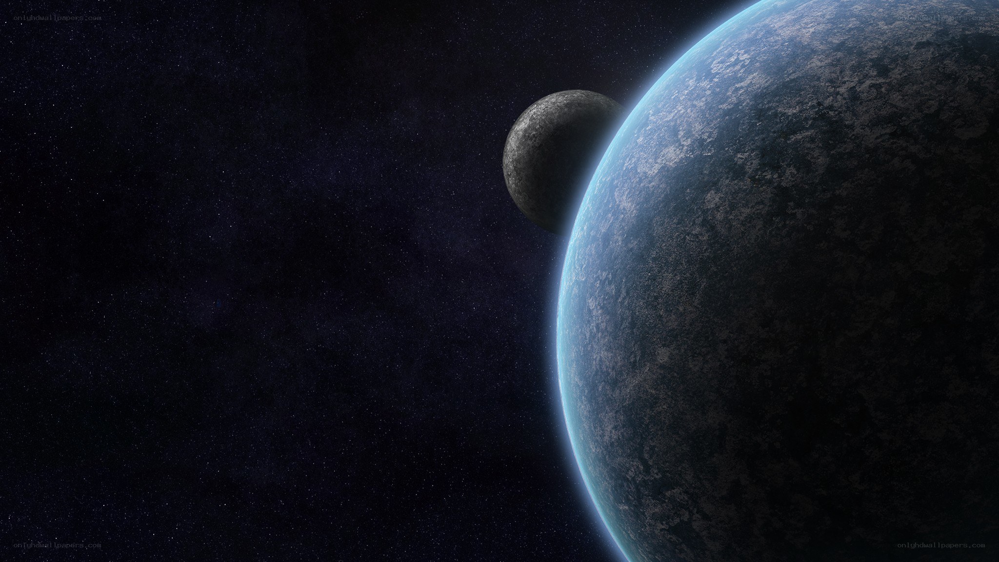 Planet and moon in space
