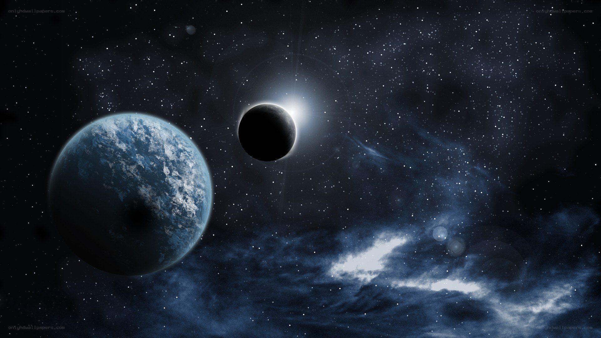 Planet and moon in space