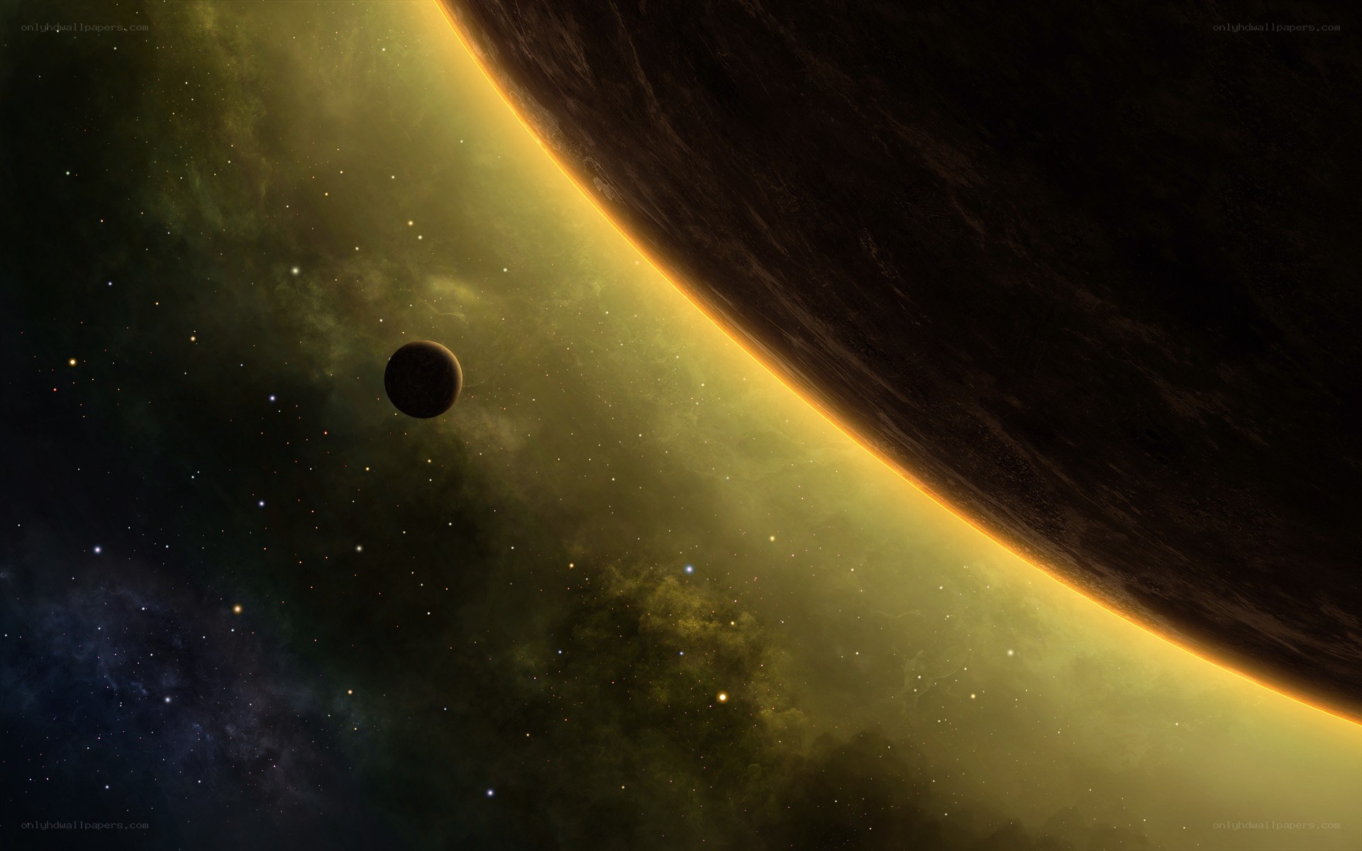 Planet and moon in space