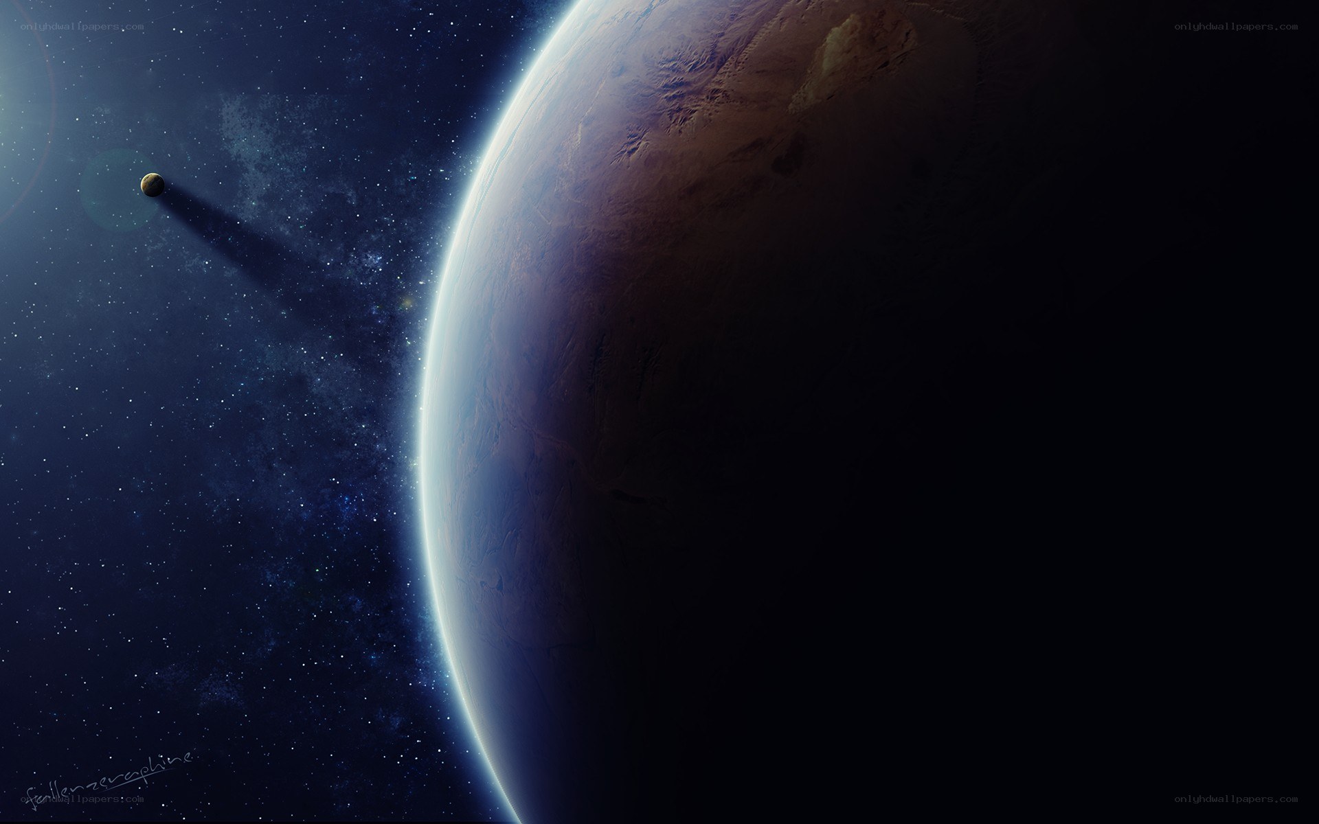 Planet and moon in space