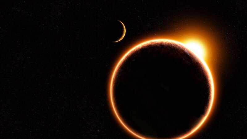 Planet and Moon in Space — Black, Dramatic, Digital Art, Star, Orange