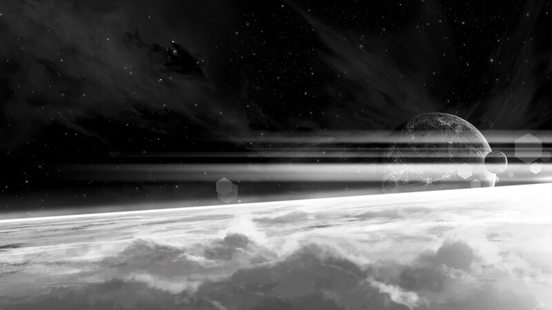Planet and Moon in Space — Black, Dramatic, Digital Art, Stars, Clouds