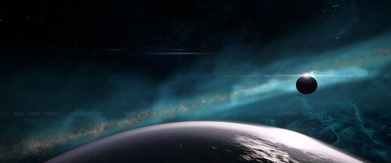 Planet and Moon in Space — Black, Dramatic, Digital Art, Stars