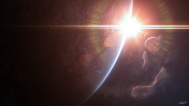 Planet and Moon in Space — Black, Dramatic, Digital Art, Sun