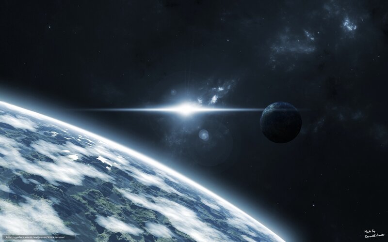 Planet and Moon in Space — Black, Dramatic, Digital Art