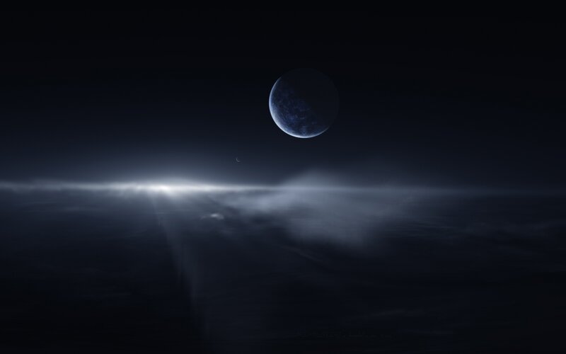 Planet and Moon in Space — Black, Dramatic, Night, Digital Art, Clouds, Light Rays