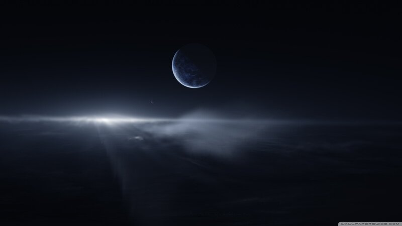 Planet and Moon in Space — Black, Dramatic, Night, Digital Art, Clouds