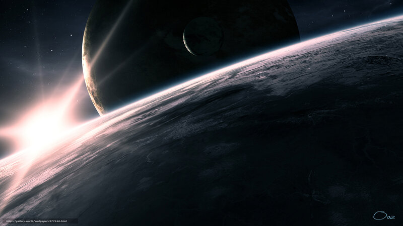 Planet and Moon in Space — Black, Dramatic, Night, Digital Art, Stars