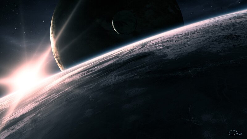 Planet and Moon in Space — Black, Dramatic, Night, Digital Art, Sun