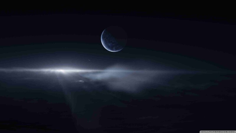 Planet and Moon in Space — Black, Dramatic, Night, Digital Art