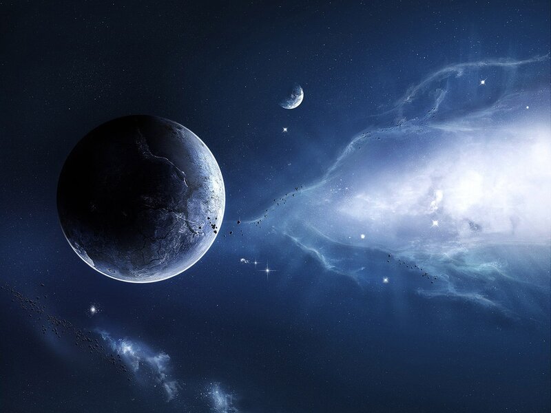 Planet and Moon in Space — Blue, Cosmic, Night