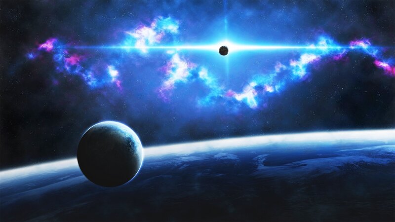 Planet and Moon in Space — Blue, Dramatic, Digital Art, Star, Nebula