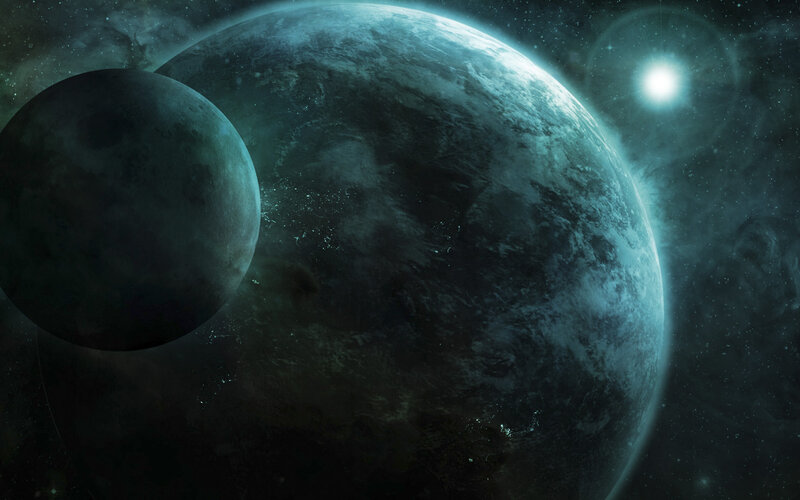 Planet and Moon in Space — Blue, Dramatic, Digital Art, Star