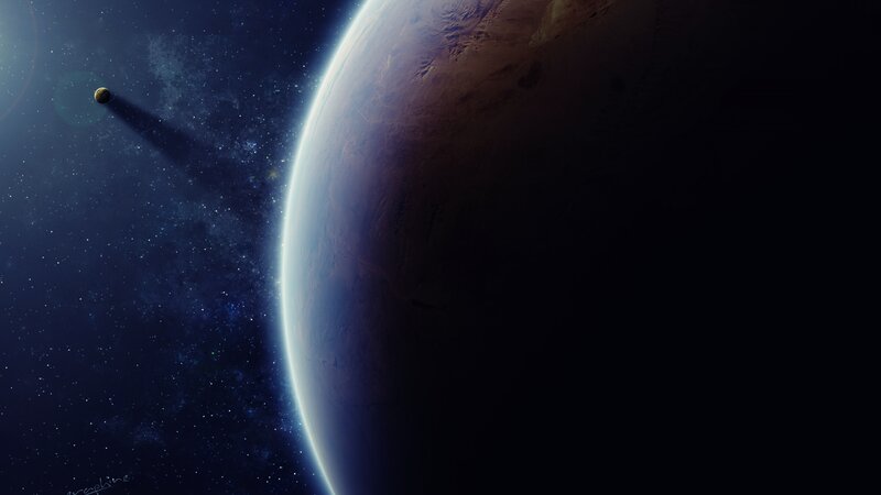 Planet and Moon in Space — Blue, Dramatic, Digital Art, Stars, Atmosphere