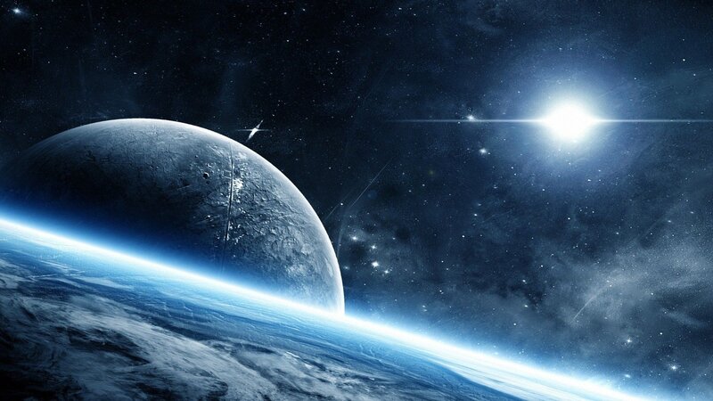 Planet and Moon in Space — Blue, Dramatic, Digital Art, Stars, Sun