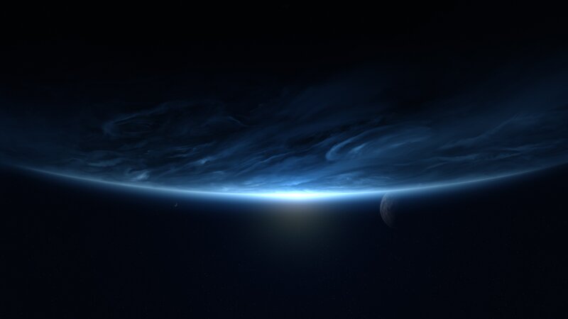 Planet and Moon in Space — Blue, Dramatic, Night, Digital Art, Clouds