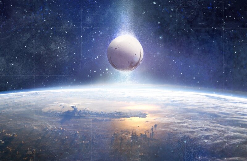 Planet and Moon in Space — Blue, Dramatic, Night, Digital Art, Stars, Clouds, White, Gold