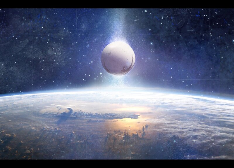 Planet and Moon in Space — Blue, Dramatic, Night, Digital Art, Stars, Clouds, White