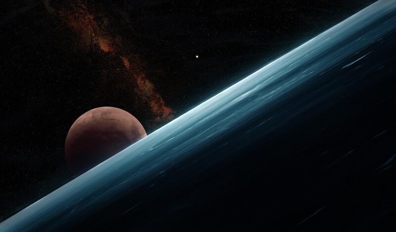 Planet and Moon in Space — Blue, Dramatic, Night, Digital Art, Stars, Galaxy