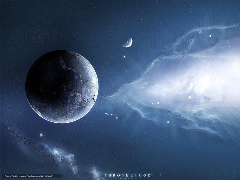 Planet and Moon in Space — Blue, Dramatic, Night, Digital Art, Stars, Nebula