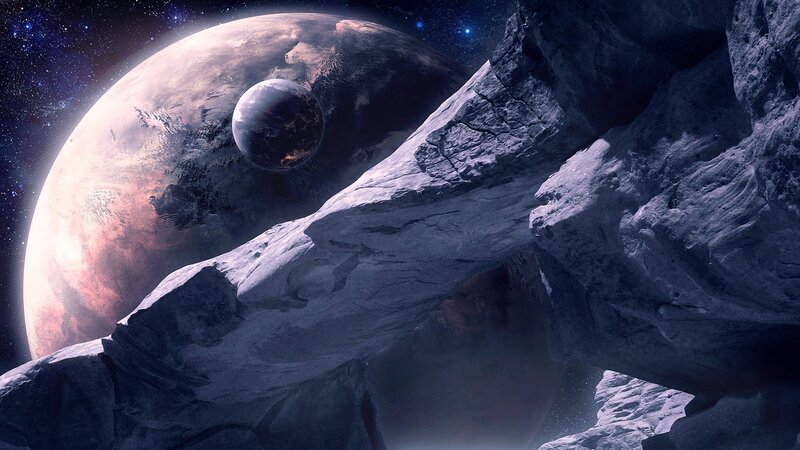 Planet and Moon in Space — Blue, Dramatic, Night, Digital Art, Stars, Rocky Surface, Planets