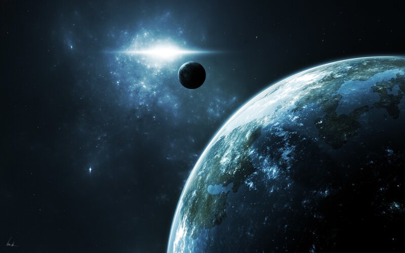 Planet and Moon in Space — Blue, Dramatic, Night, Digital Art
