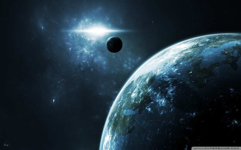 Planet and Moon in Space — Blue, Dramatic, Night