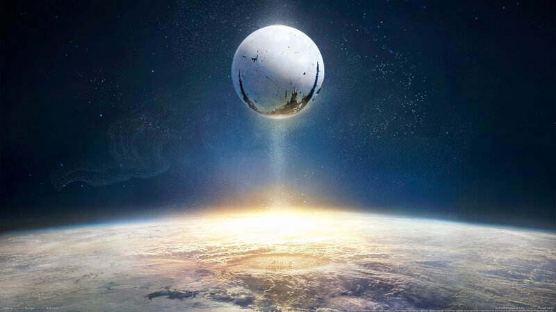 Planet and Moon in Space — Blue, Dramatic, Sunrise, Digital Art, Stars