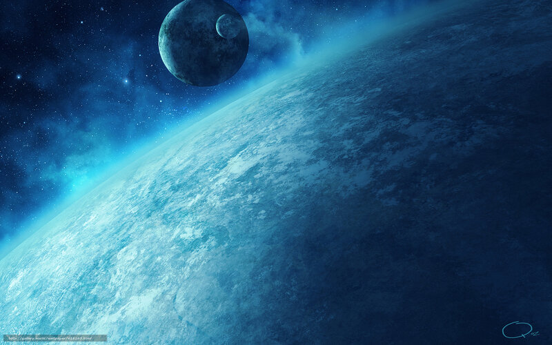 Planet and Moon in Space — Blue, Serene, Night