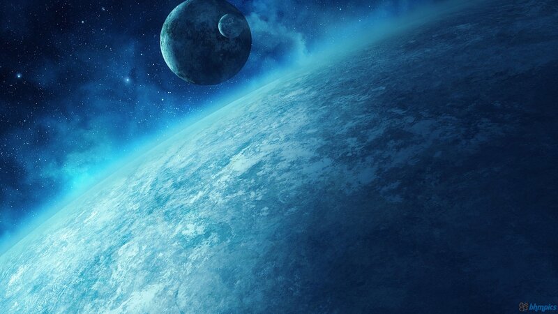 Planet and Moon in Space — Blue, Serene